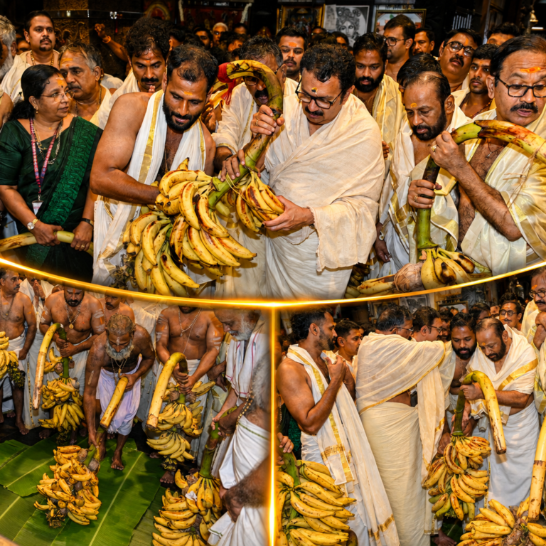 ഉത്രാടത്തിൽ കണ്ണന് കാഴ്ചക്കുലകളുടെ പെരുമഴ; മന്ത്രിയും പ്രമുഖരും ഭക്തർക്കൊപ്പം